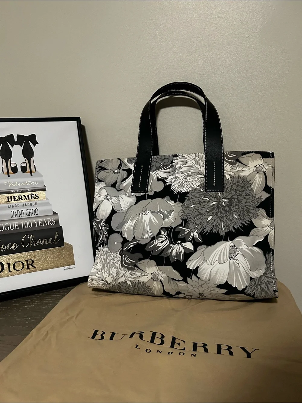 Burberry London Y2K Vintage Leather Trimmed Floral Canvas Tote With Pouch
